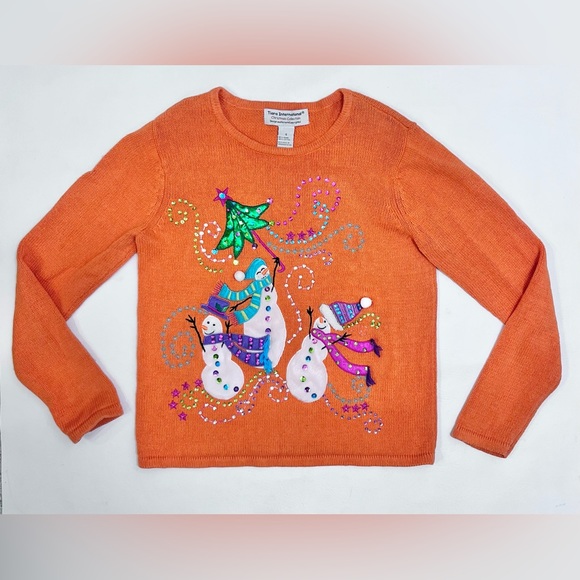 Vintage Christmas Sweater Orange Snowmen Sequins Cotton Ramie Size Small - Picture 2 of 10